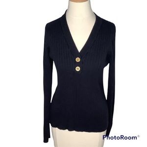 Lauren By Ralph Lauren Black Label V Neck ribbed cotton sweater size Large EUC